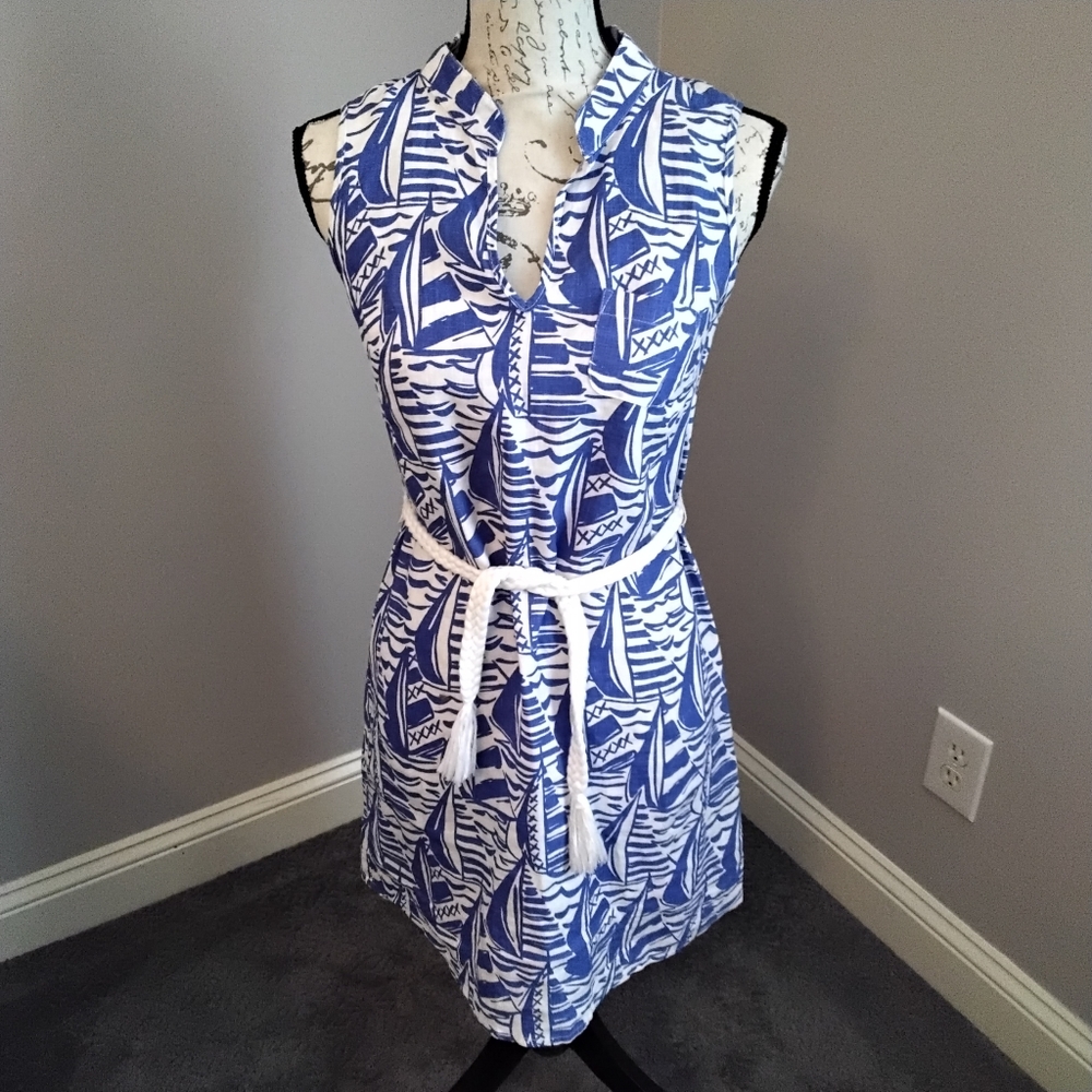 HIHO Designed in Tortola BVI Blue & White Linen Sailboat Dress - XS